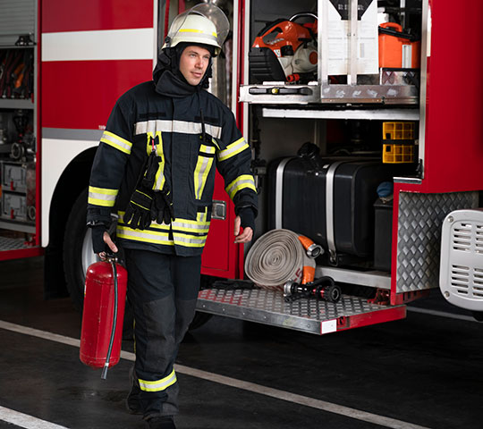 Feuerlöscher Training mit Feuerwehrmann Feuerlöscher Schulung